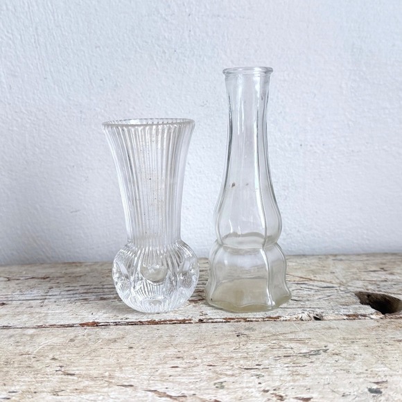 Other - Vintage Clear Glass Bud Vase Set of 2 Ribbed Paneled Mismatched CSGA